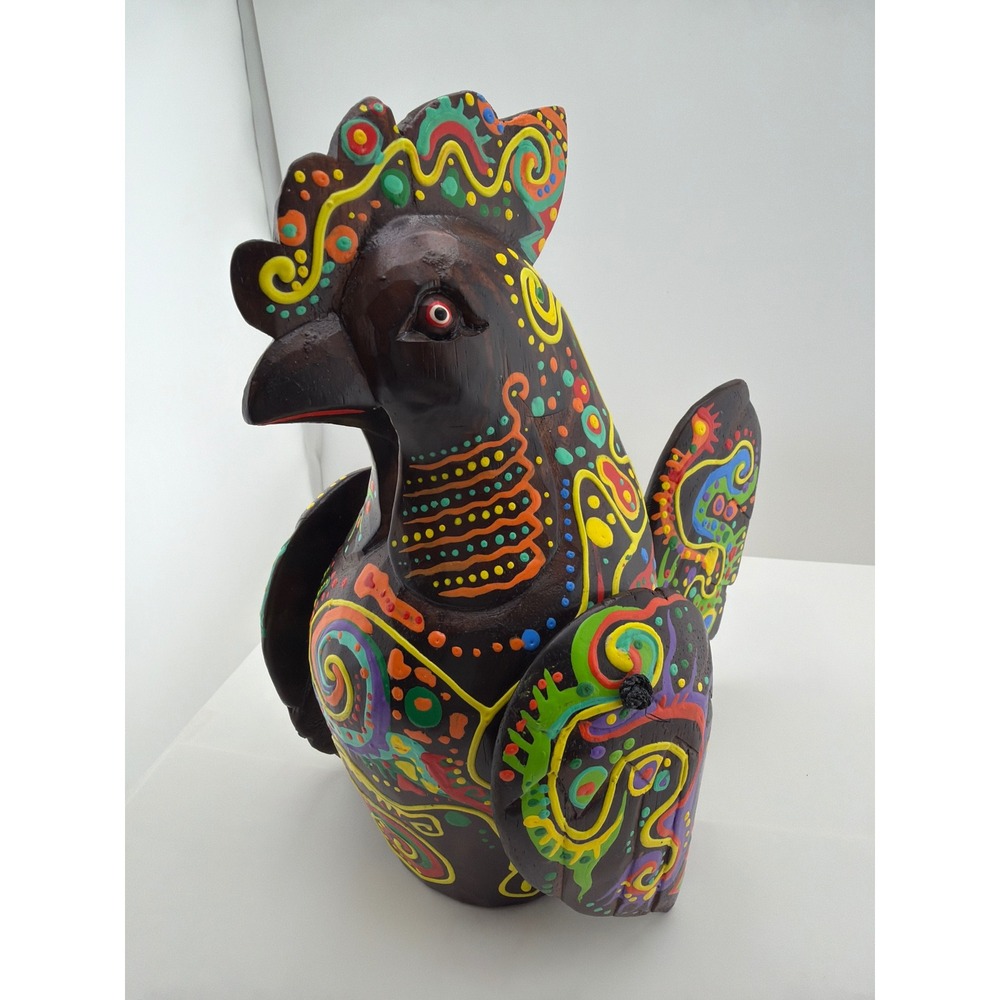 Hand Painted Wood Rooster Figurine Colorful Alebrije Style Folk Art Sculpture - Picture 3 of 7